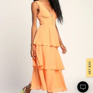 Lulus celebration light orange sleeveless tiered midi dress